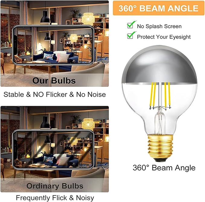 XININSUN Dimmable Half Chrome Light Bulb, Anti Glare LED Light Bulbs, G25 Globe - Image 5