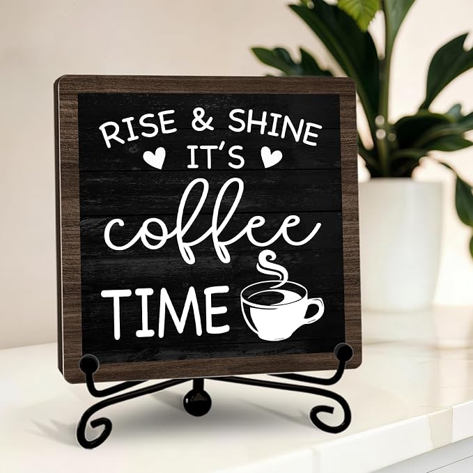 Rustic Coffee Bar Decor, Rise & Shine It's Coffee Time Wood Plaque by YQV