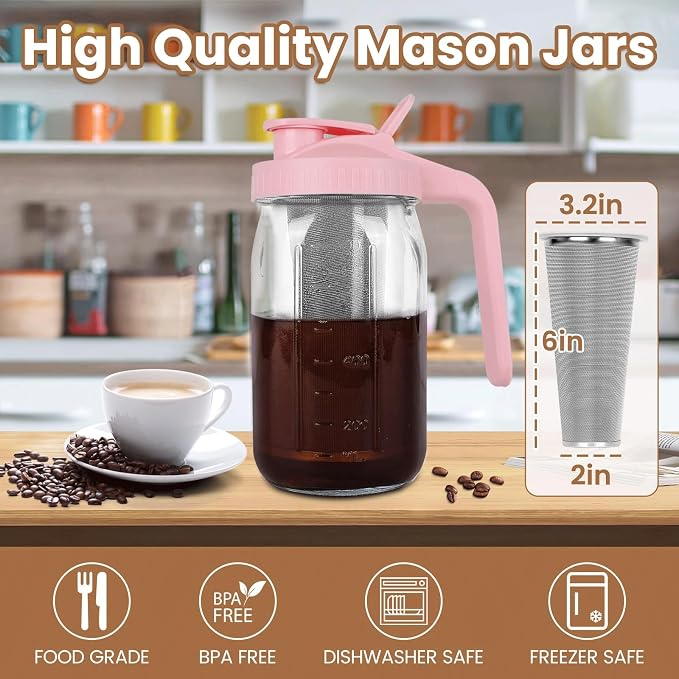 Cold Brew Coffee Maker, 32 oz Mason Jar Pitcher - Image 2