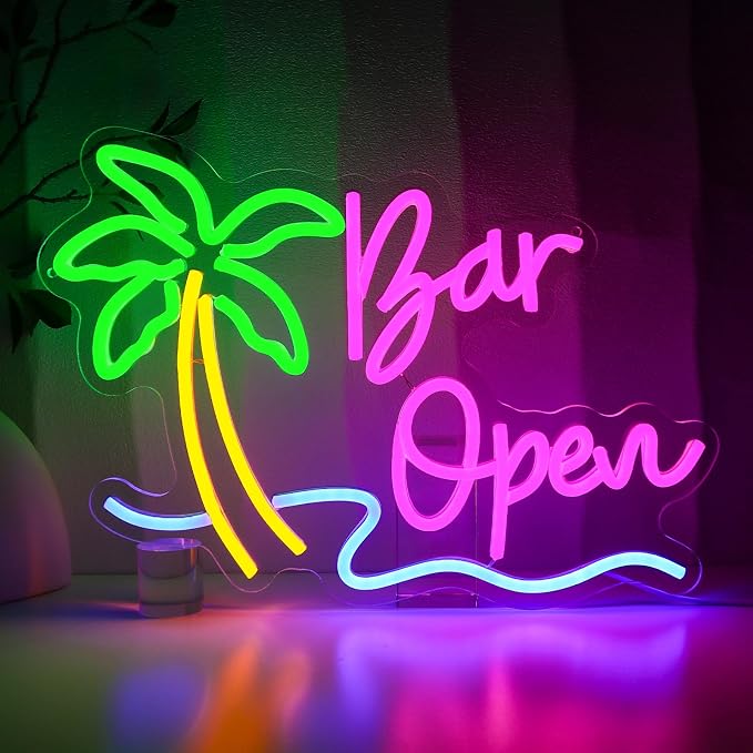 Bar Open Sign for Business, Neon Open Sign, USB Dimmable Palm Tree Neon Lights by PMCVYH