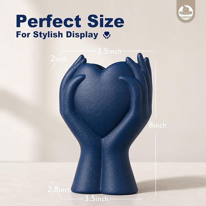 8" Heart Hand Navy Blue Ceramic Vase - Image 2