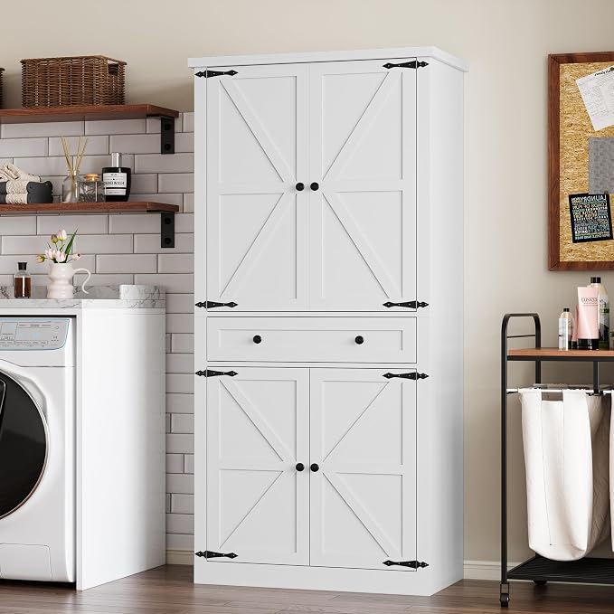 BORNOON Pantry Organizers and Storage Cabinet, 67.7” Barn Door White Kitchen - Image 6