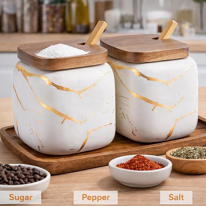 2 Sets of Marble Ceramic Sugar Bowl Ceramic Seasoning Jars - Image 2