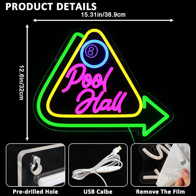 Pool Hall Neon Sign for Wall Decor, Billiards Led Signs for Business, USB - Image 2