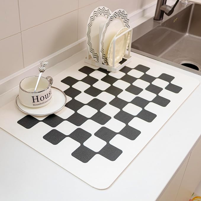 Checkered Drying Mat 24''x16'' Absorbent Pet Feeding Pad Large Coffee Bar by MelayRug