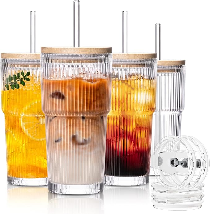 SoulTimes 20oz Glass Cups with Lids and Straws, Ribbed Glass Tumbler by SoulTimes