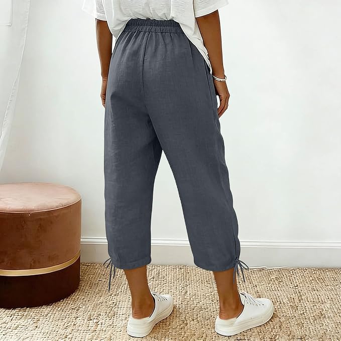 Linen Capri Pants for Women Drawstring Elastic Wide Leg Trouser 2026 Summer - Image 3