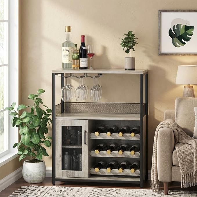 Jojoka 3 Tier Wine Bar Cabinet, Adjustable Storage, Liquor Rack, Glass Holder by Jojoka