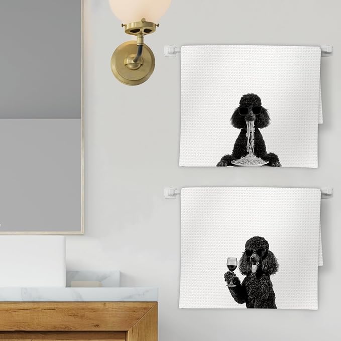 Black Poodle Gifts Wine Kitchen Towels Set of 2, Funny Black Poodle Dog Eating - Image 2