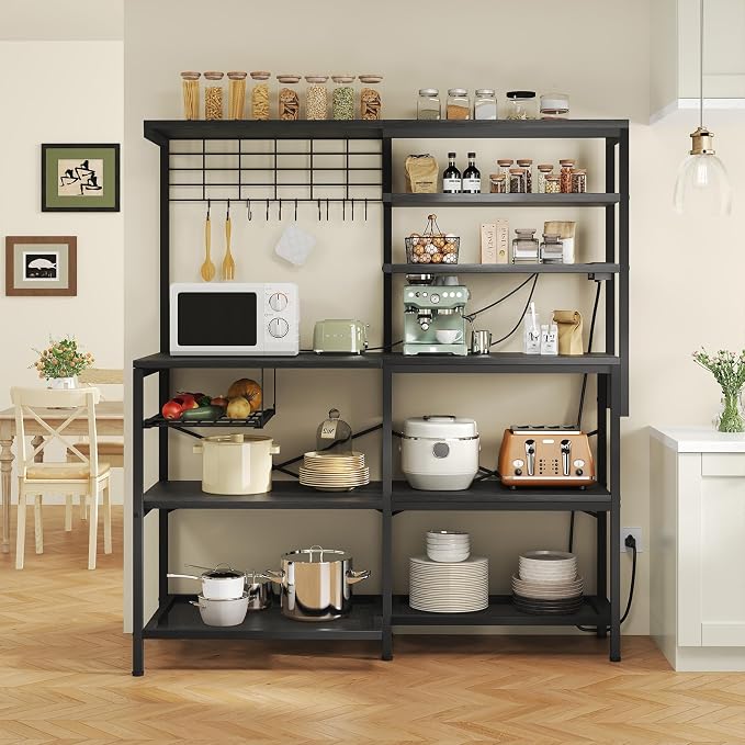 L-Shaped Bakers Rack with Power Outlet, 6-Tier Microwave Stand with Open Storage - Image 7