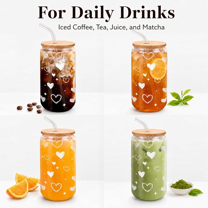 Glass Cup with Lid and Straw, 16 oz Cute Iced Coffee Cup with Heart Design - Image 4
