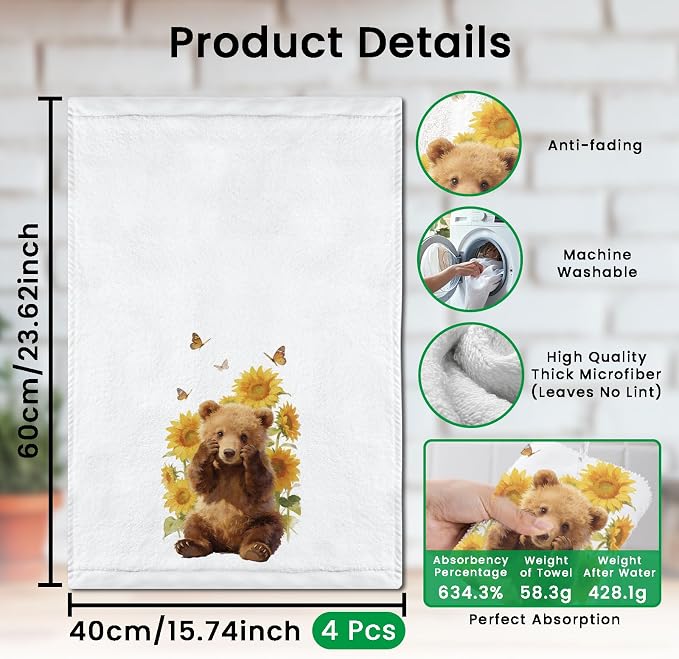 CUTHOLLOW Cute Bear and Forest Decorative Kitchen Towels Set of 4, - Image 2
