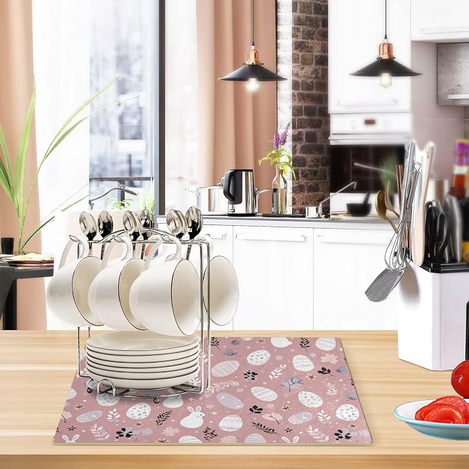 Pink Easter Bunny Eggs Leaves Coffee Mat Coffee Bar Maker Backed Absorbent - Image 6