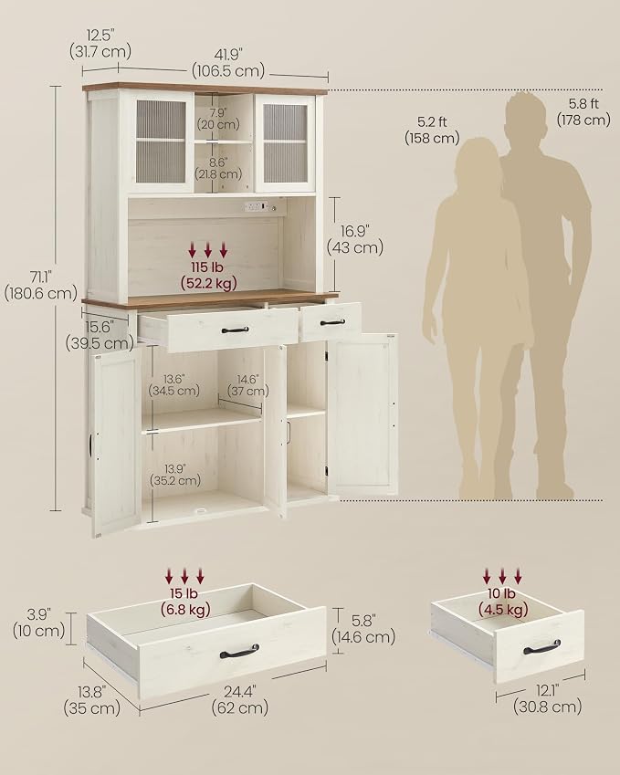 VASAGLE Pantry Cabinet with Lights and Charging Station, Kitchen Storage - Image 3