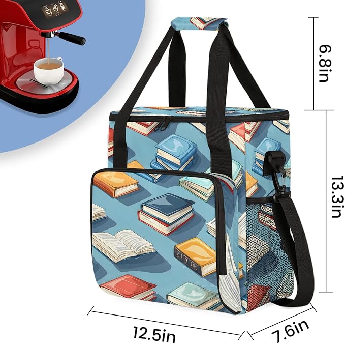 Books Pattern Coffee Maker Carring Bag, Large Insulated Storage Organizer Case - Image 2
