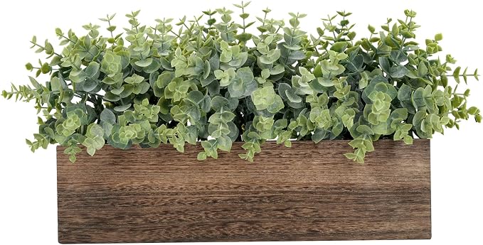 Velener 14" Artificial Eucalyptus Plants in Rustic Rectangular Wooden Planter by Velener