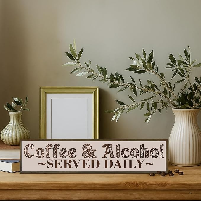 Rustic Coffee Bar Decor, Coffee & Alcohol Served Daily Sign - Image 4