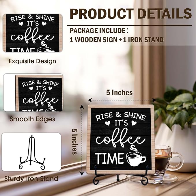 Rustic Coffee Bar Decor, Rise & Shine It's Coffee Time Wood Plaque - Image 2