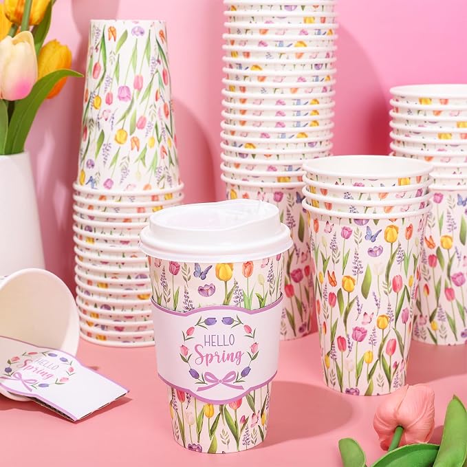 Whaline 50 Pcs Spring Tulip Floral Disposable Coffee Cups - Image 5