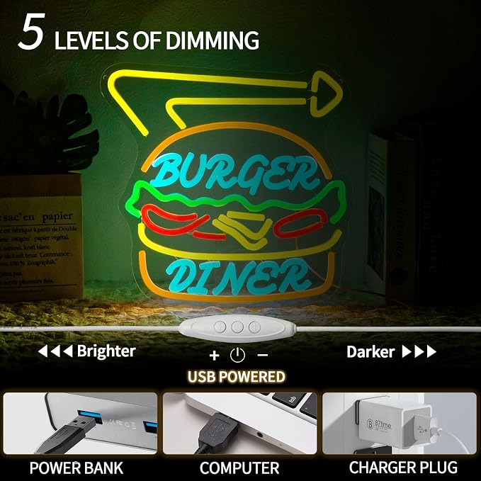 Diner Burger Neon Sign for Bussiness Dimmable Hamburger Neon Light Sign for - Image 4