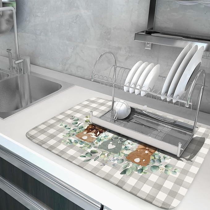 Spring Rabbit Dish Drying Mat for Kitchen Counter 18 x 24 Inch, Vintage Grey - Image 5