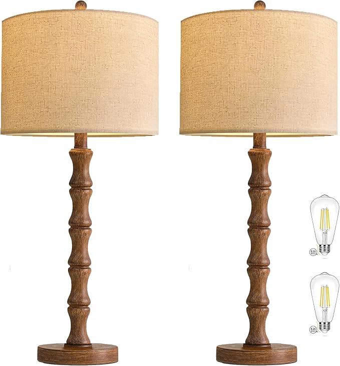 ILLMTW Wood Table Lamp Set of 2, Vintage Buffet Lamps Mid Century Bedside Lamp by IlluminateTheWorld