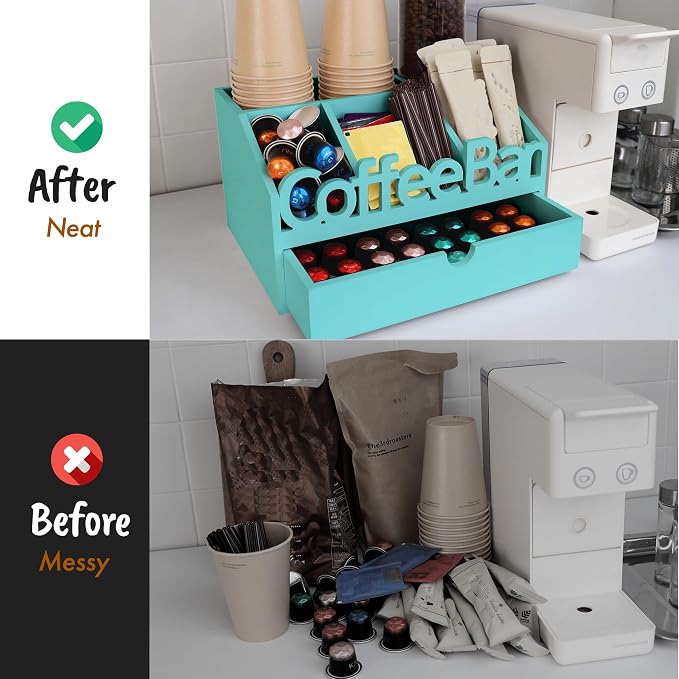 Coffee Bar Organizer Countertop, Wood Coffee Station, Turquoise | K-Cups - Image 8