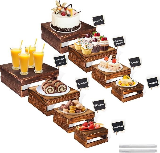 8 Pcs Buffet Risers with Mini Signs, Rustic Wood Cake Stands, Food Risers by Cecnamt