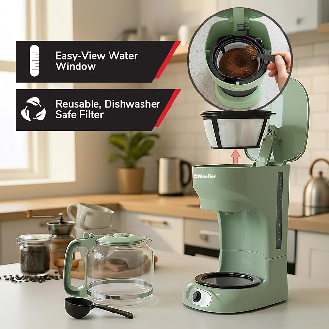 MUELLER HOME 12-Cup Drip Green Coffee Maker, Borosilicate Carafe, Reusable - Image 5