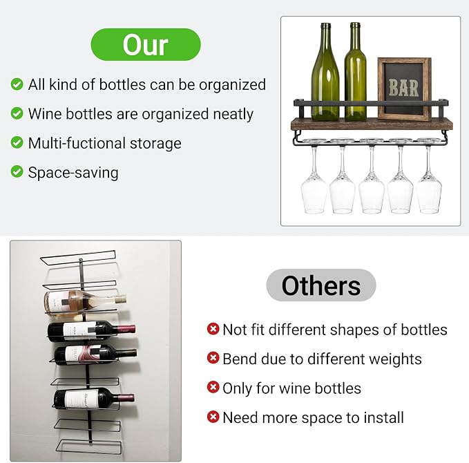 Mkono Wall Mounted Wine Rack Set of 2 Wood Rustic Wine Bottle Glass Floating - Image 6