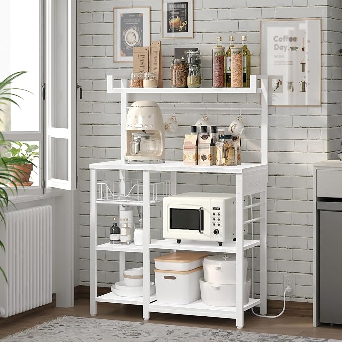 HOOBRO Bakers Rack with Power Outlet, 35.4 Inches Coffee Bar with Mesh Basket - Image 4
