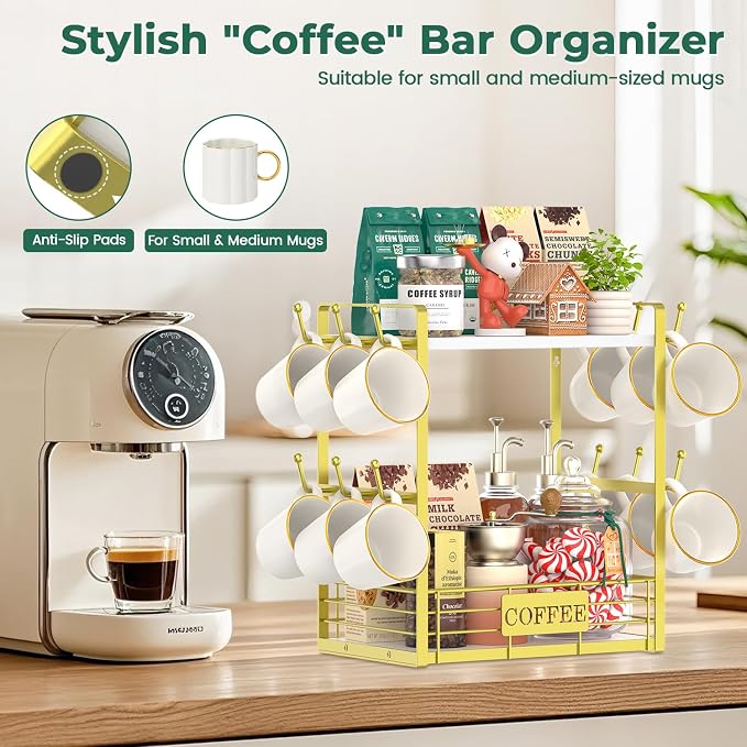 EsLuker.ly Coffee Mug Cup Holder Tree Bar Station Organizer, 2 Tier Mug Stand - Image 5