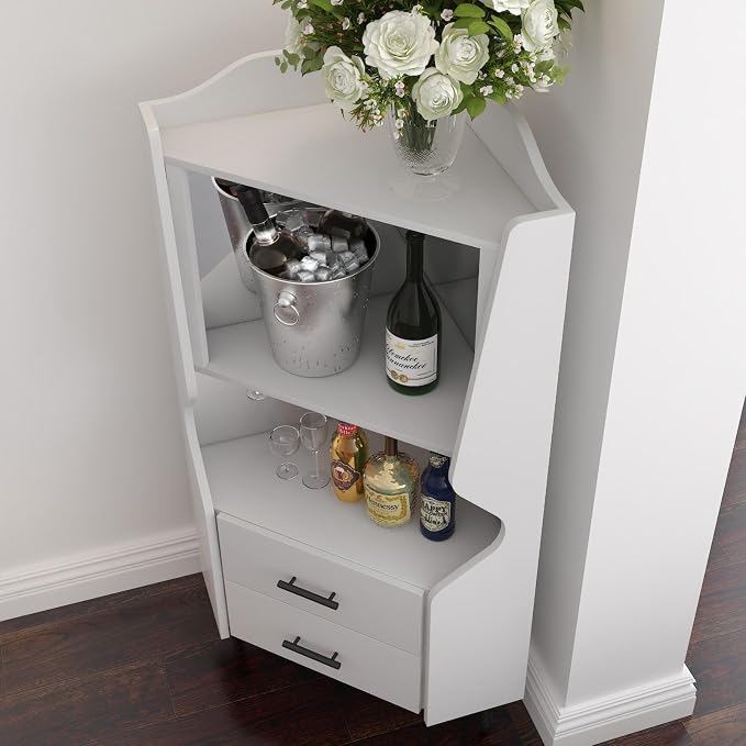 Corner Bar Cabinet with Mirrored Back, Sideboard Cabinet with 2 Open Shelves & - Image 6