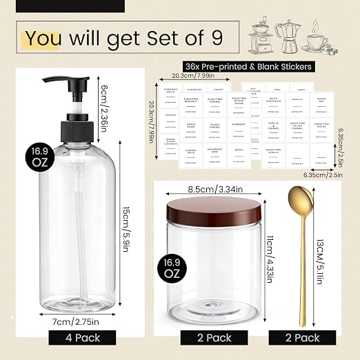 9 Pcs Coffee Syrup Dispenser Set 16.9 Oz/500 ml Plastic Coffee Syrup Dispenser - Image 2