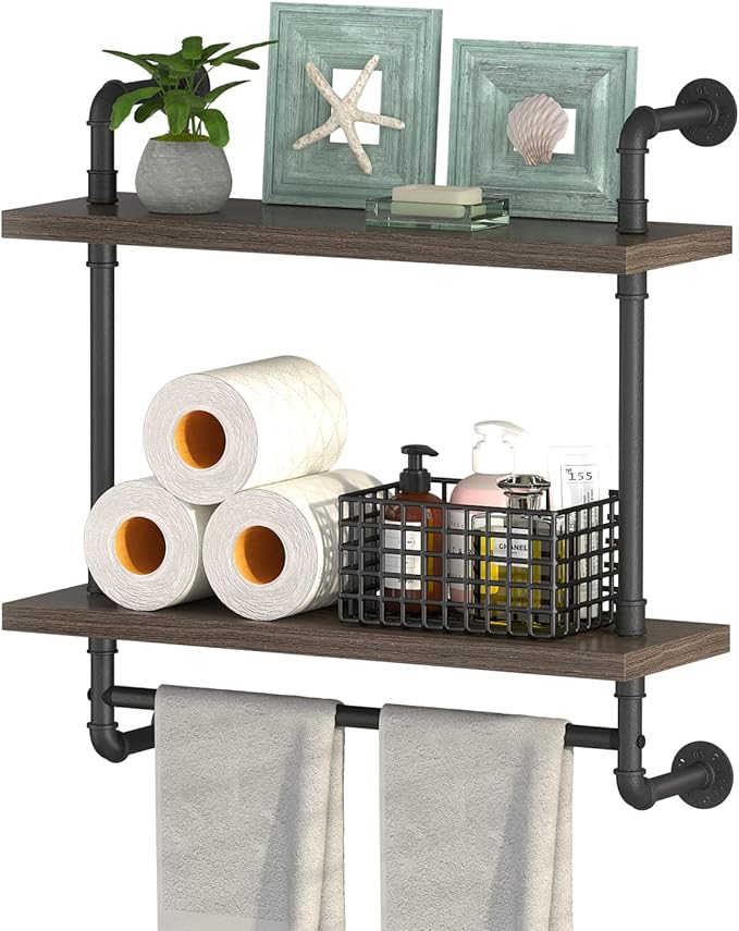 Helsin 2 Tier Wood Floating Shelves Towel Rack, Industrial Pipe Bathroom by Helsin