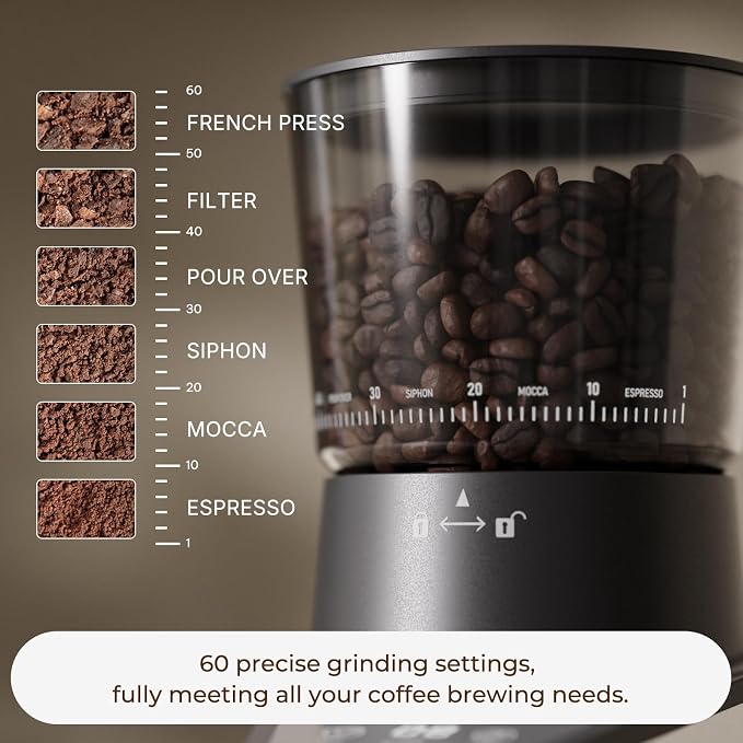Burr Coffee Grinder with 60 Settings, Electric Conical Bean Grinder with Touch - Image 2