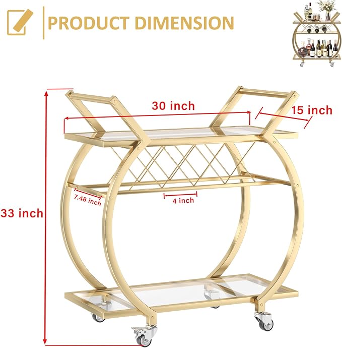 LVB Gold Bar Cart with Glass, Bar Cart with Wheels, Wine Cart with 2 Tier - Image 2