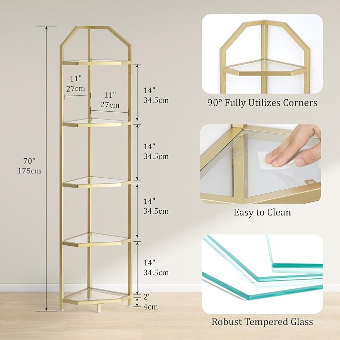 5-Tier Corner Shelf Stand, Bathroom Storage Rack Shelf, Plant Rack, Tempered - Image 3