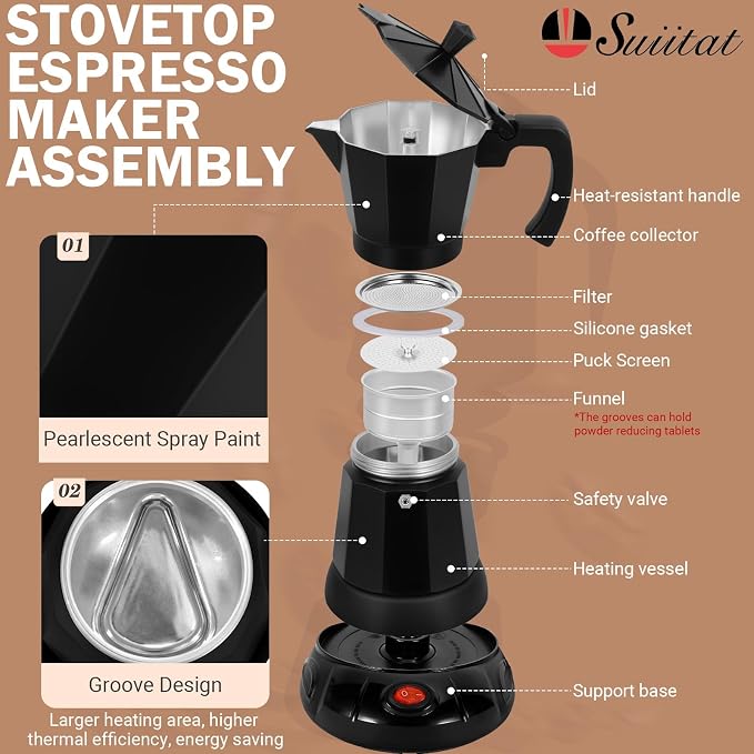 Black Aluminum Electric Moka Pot, 3 or 6 Cups Espresso Maker - Image 2