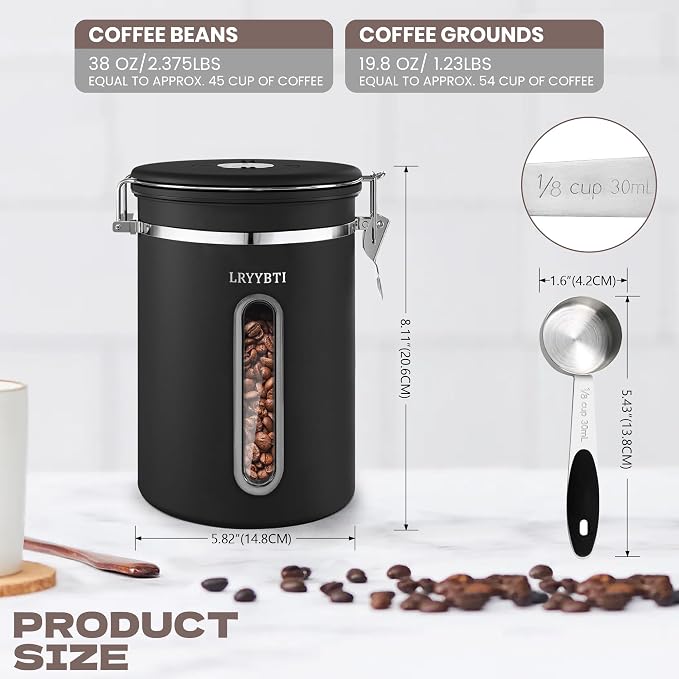 Coffee Canisters with Window, Scoop and Airtight Lid Stainless Steel Kitchen - Image 3