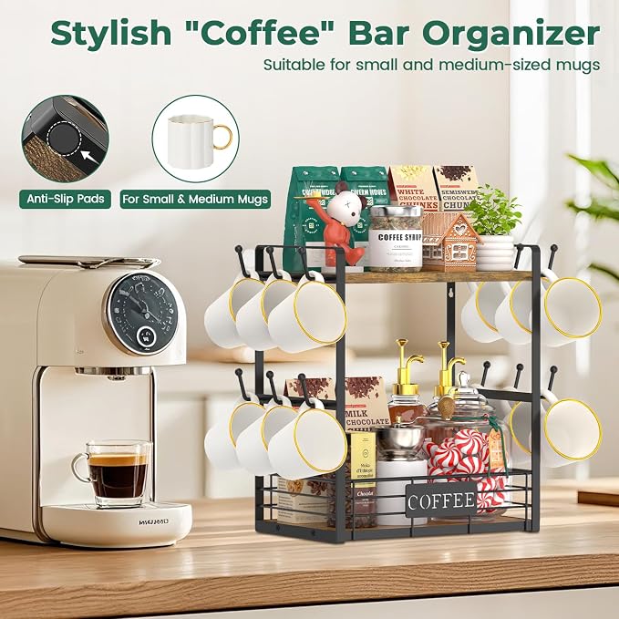 EsLuker.ly Coffee Mug Cup Holder Tree Bar Station Organizer, 2 Tier Mug Stand - Image 5