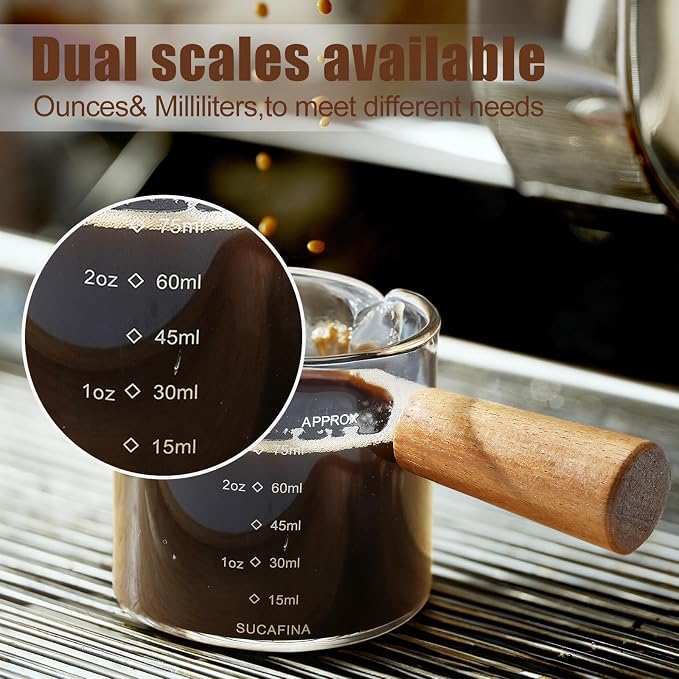 2 Pack Espresso Cups with Wood Handle, 75ML Double Spout Glass Measuring Cup - Image 2