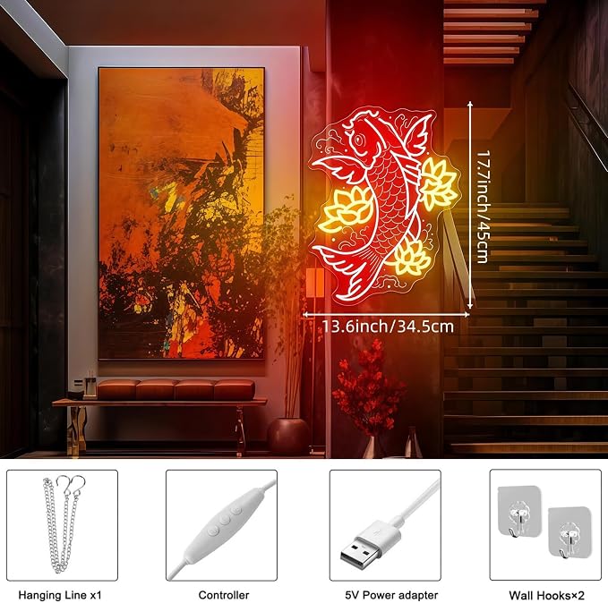 Custom Koi Fish Neon Sign, Lotus Flowers Led Neon Dimmable USB LED Neon Light - Image 3