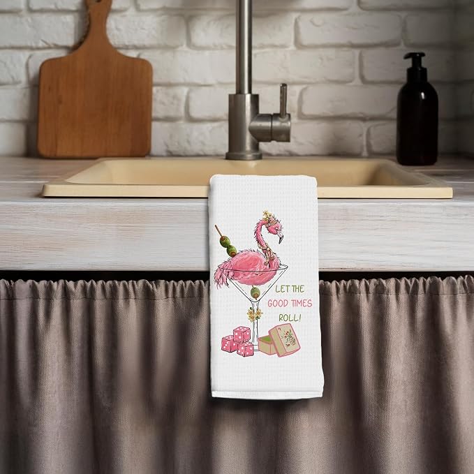 Pink Flamingo Mahjong Cocktail Kitchen Towels, Mah Jong Cocktail Lovers Gifts - Image 3