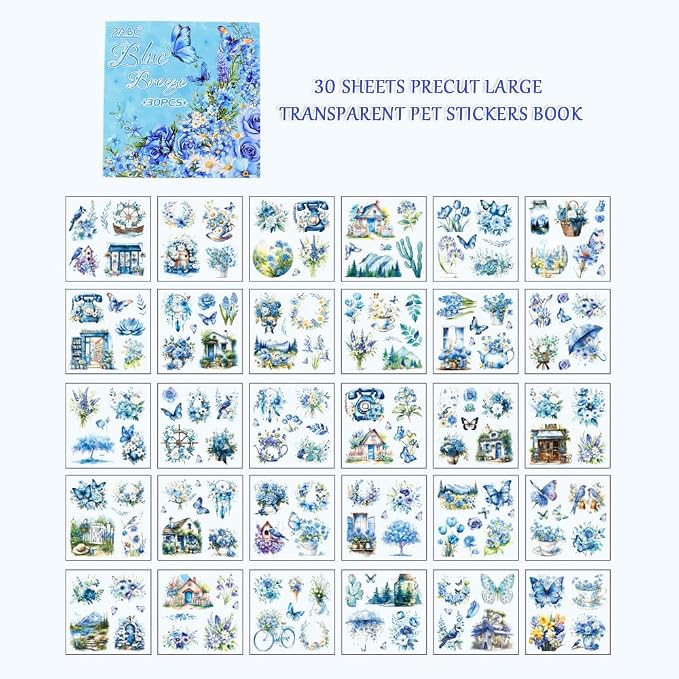 30 Sheets Precut Blue Flower Garden Landscape Stickers Book - Image 2