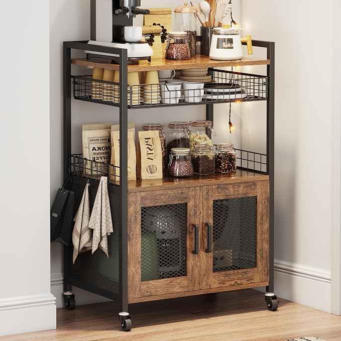 Hencawima Coffee Bar Cabinet, 3 Tier Coffee Station Table on Wheels, 35.9" H by Hencawima