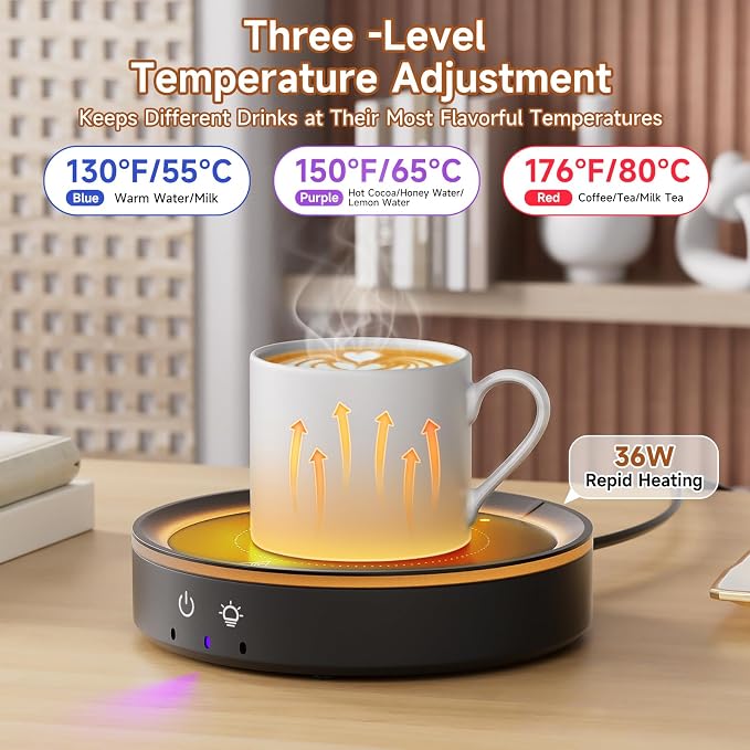 36W Mug Warmer, 3 Temperature Settings, Auto Shut Off, Max 176°F, Wood Grain - Image 5