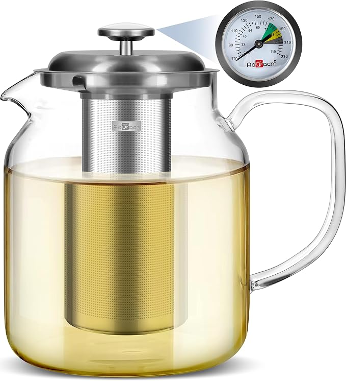Aquach 68oz Glass Teapot with Thermometer, Stovetop Safe Tea Pot | Dishwasher by Aquach