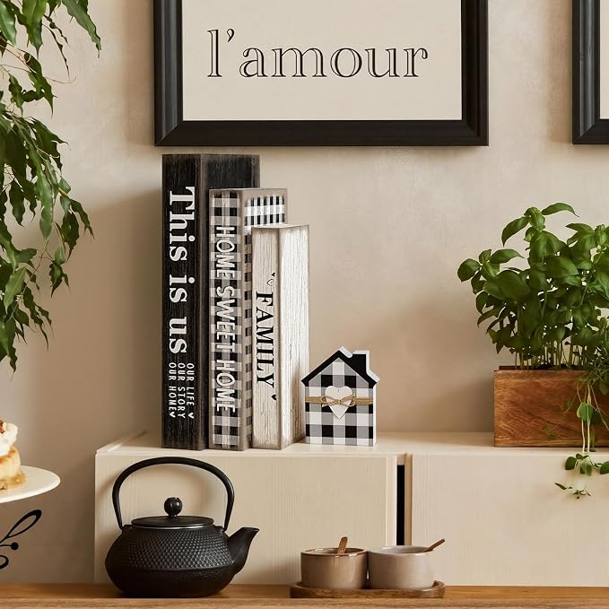 Amyhill 4 Pcs Home Sweet Tabletop Decor Set Black and White Farmhouse Wooden - Image 4