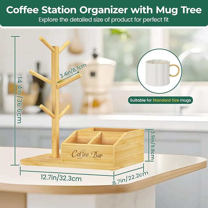 EsLuker.ly Mug Tree Holder Stand, Countertop Bamboo Coffee Cup Organizer Rack - Image 2